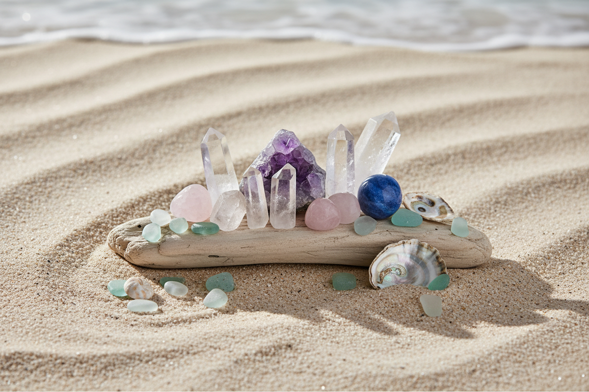 Coastal crystal arrangement on driftwood and sand