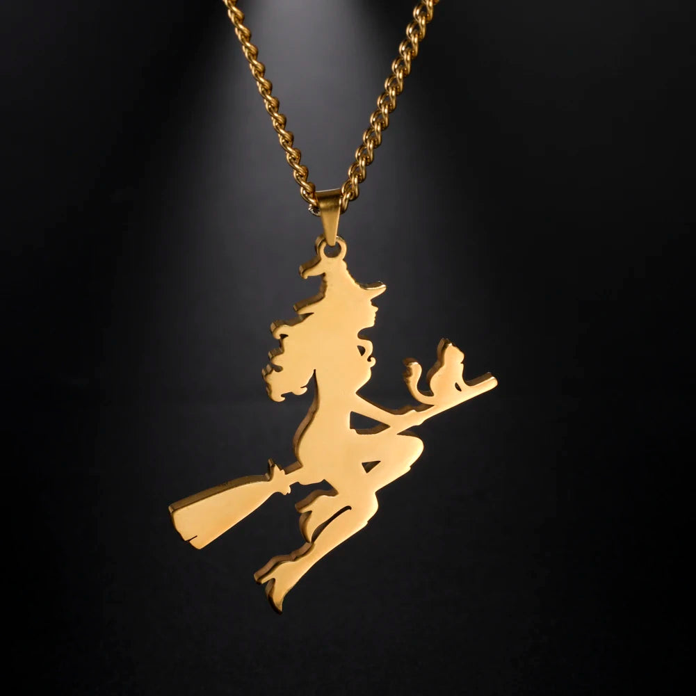 Witch Cat Broom Necklace