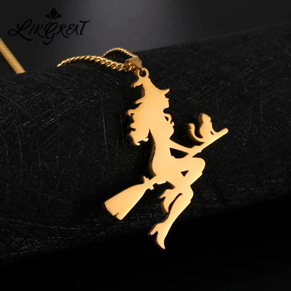 Witch Cat Broom Necklace