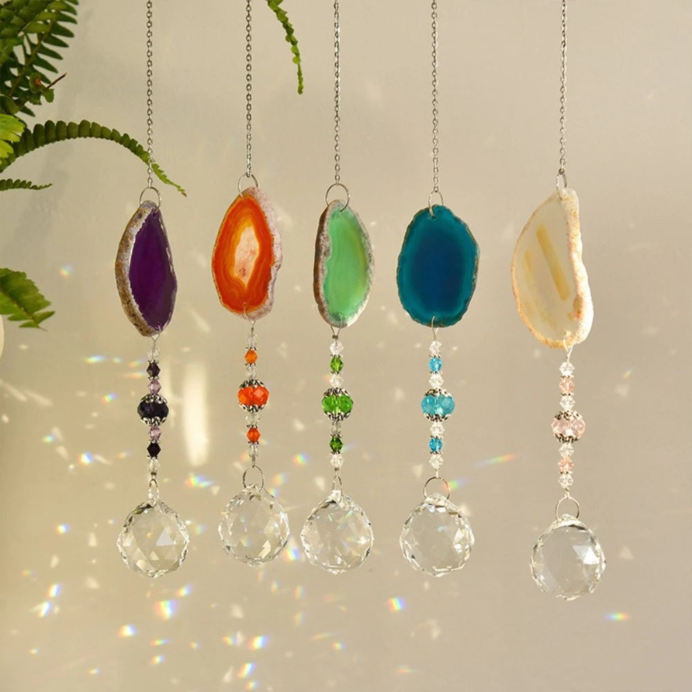 Natural Colorful Crystal Agate Sun Catcher Rainbow Prism Ball Rainbow Maker Crystal Wind Chime Crafts Garden Pendant