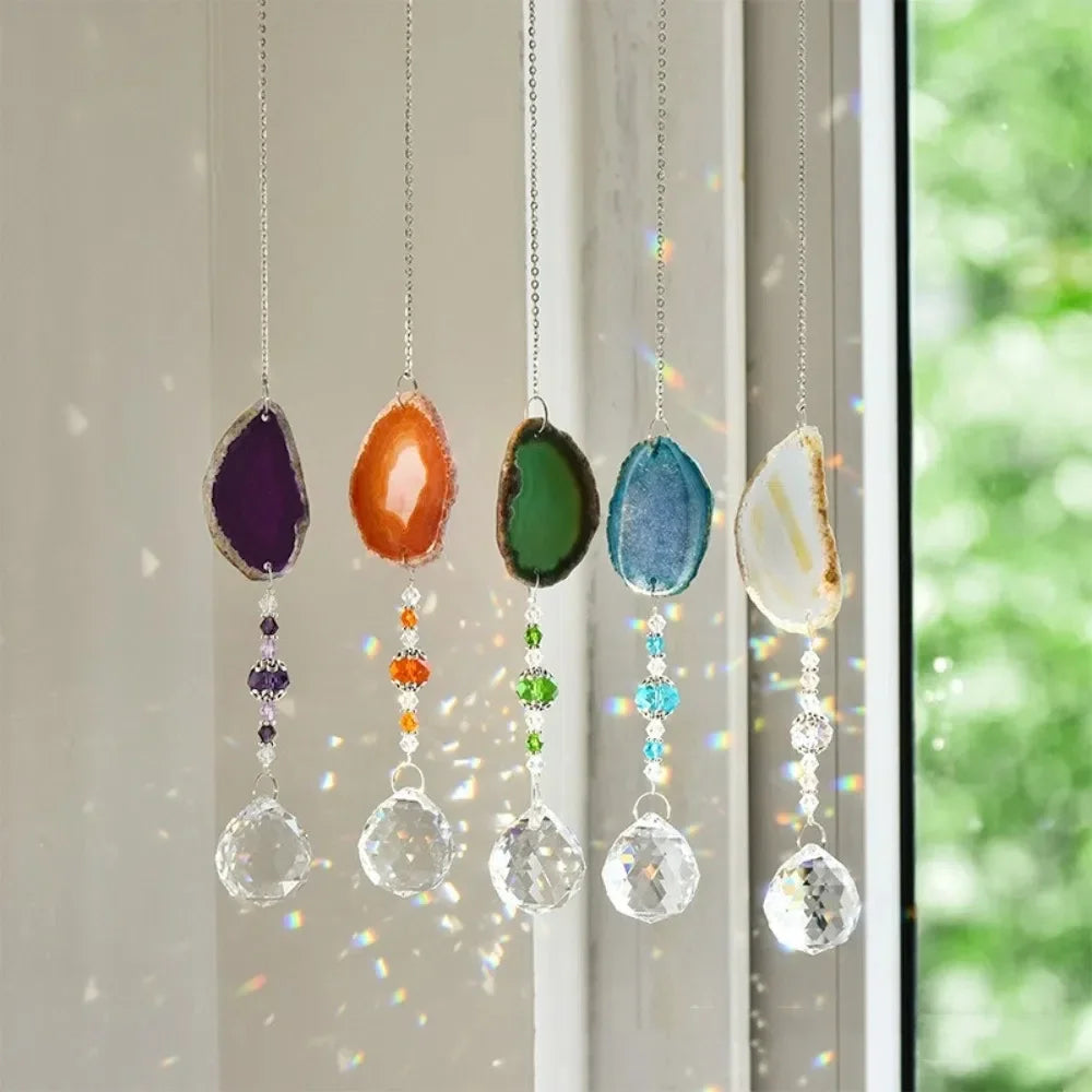 Natural Colorful Crystal Agate Sun Catcher Rainbow Prism Ball Rainbow Maker Crystal Wind Chime Crafts Garden Pendant