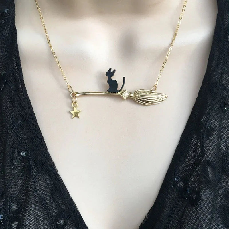Cat Riding a Broom Choker Necklace