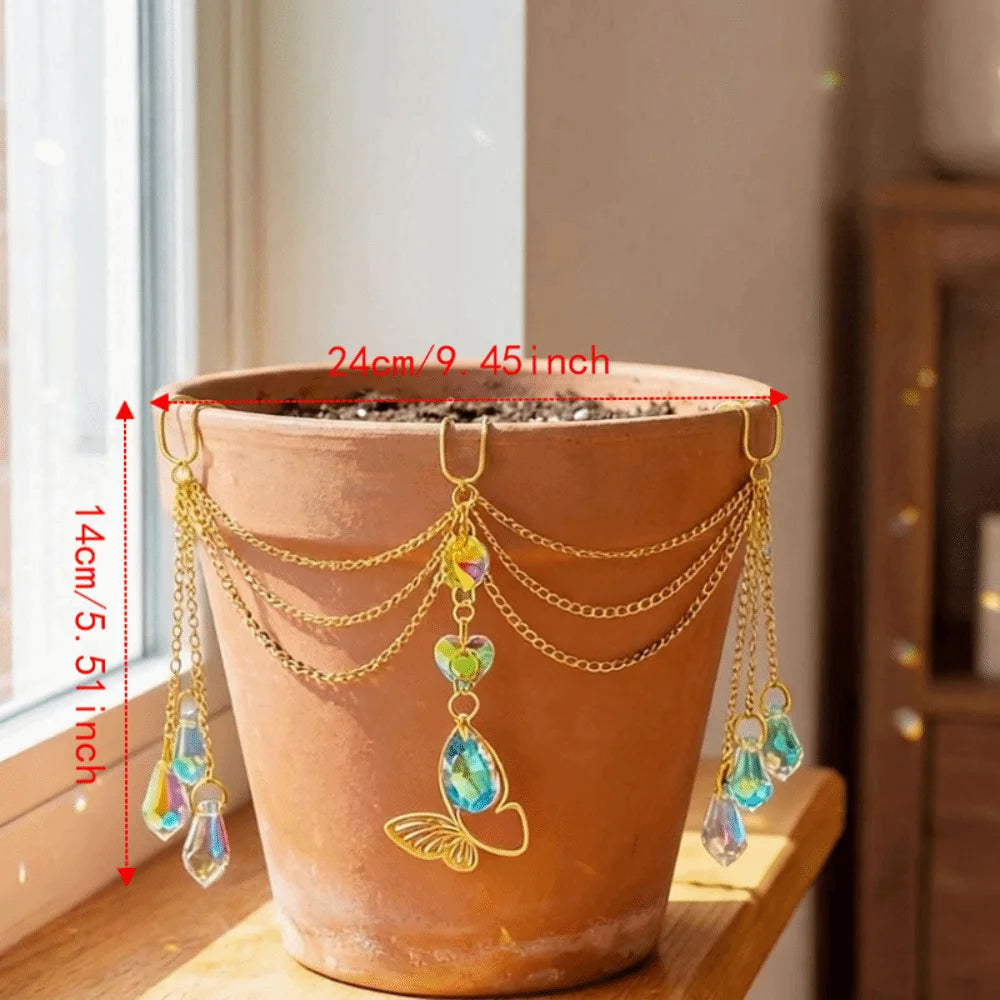Colorful Flower Pot Crystal Sun Catcher Butterfly Design Reflective Hanging Pot Crystal Exquisite Decorative