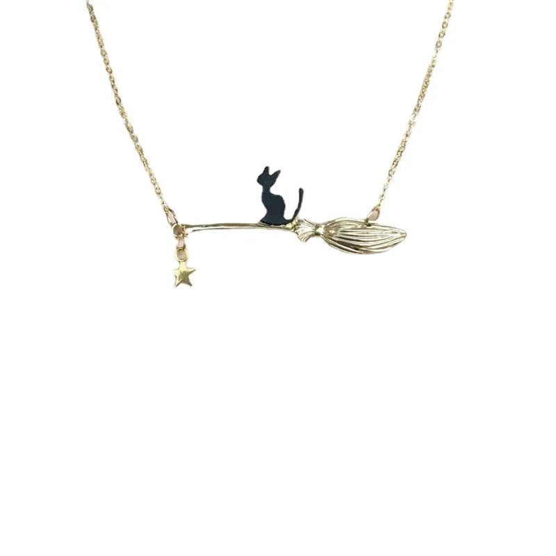 Cat Riding a Broom Choker Necklace