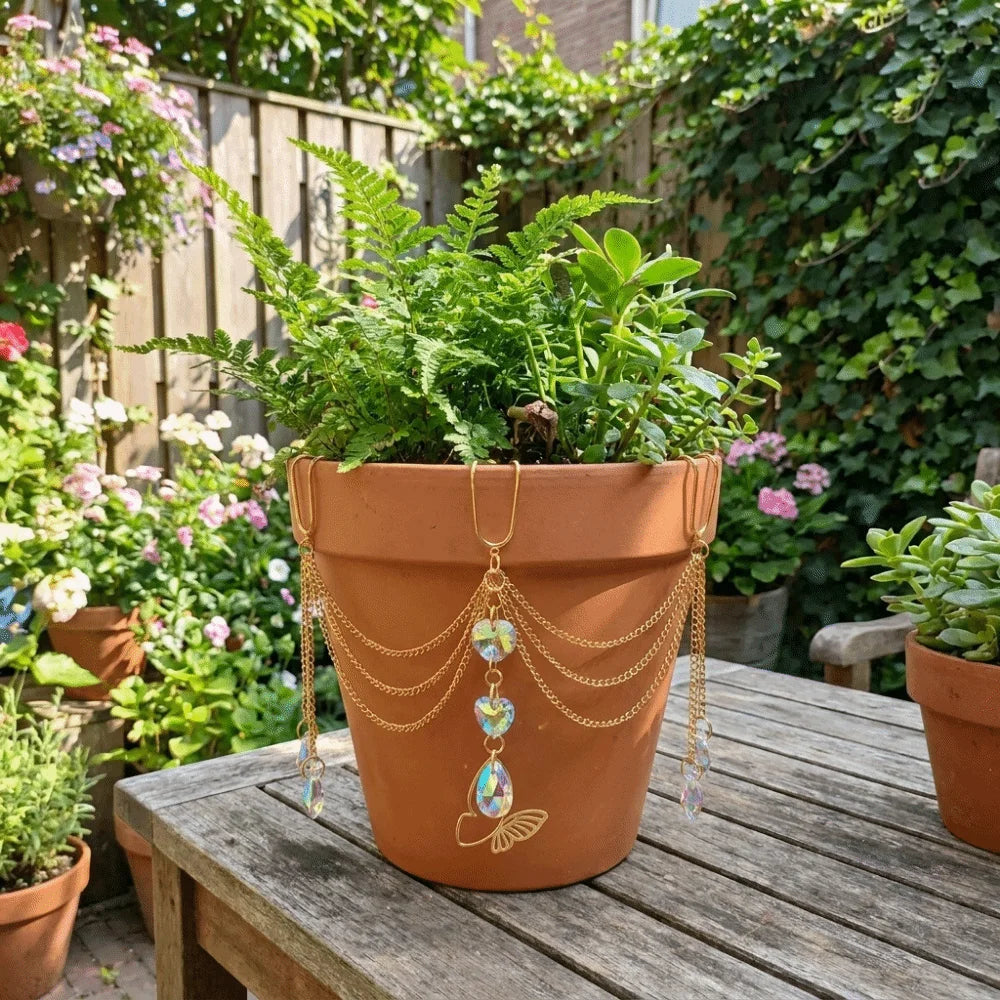 Colorful Flower Pot Crystal Sun Catcher Butterfly Design Reflective Hanging Pot Crystal Exquisite Decorative