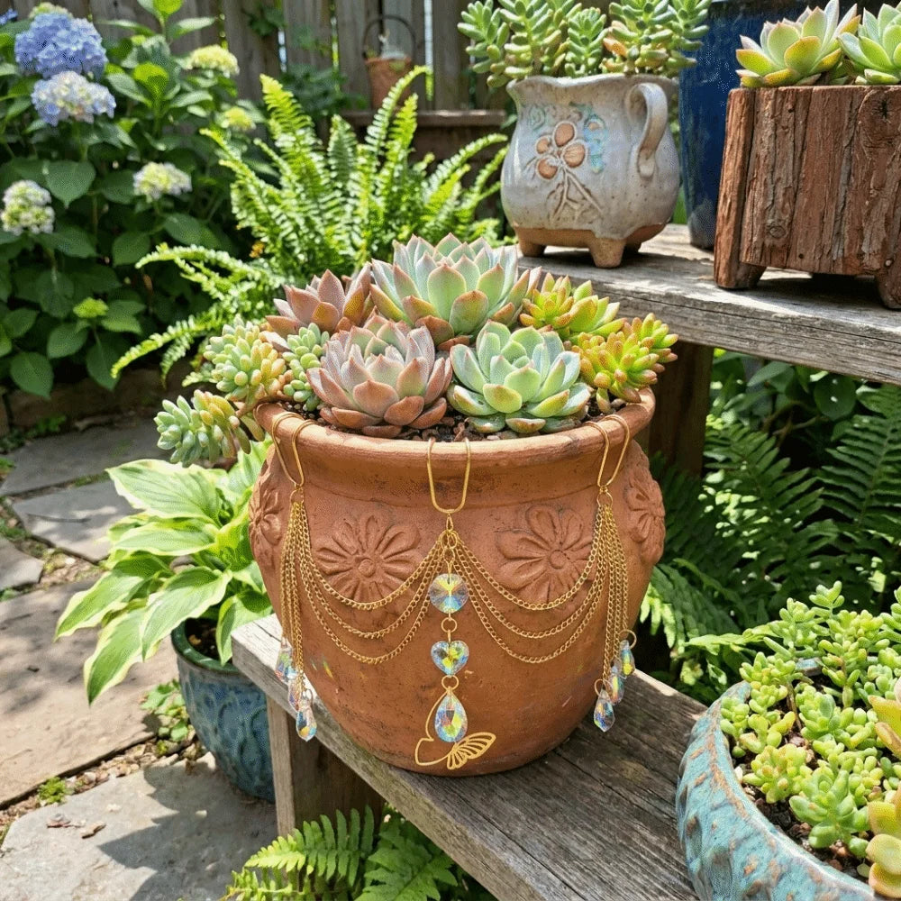 Colorful Flower Pot Crystal Sun Catcher Butterfly Design Reflective Hanging Pot Crystal Exquisite Decorative