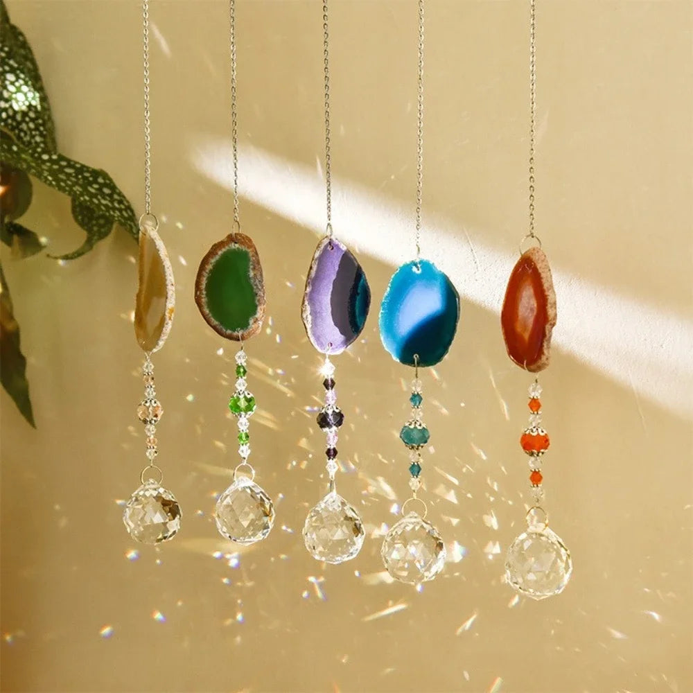 Natural Colorful Crystal Agate Sun Catcher Rainbow Prism Ball Rainbow Maker Crystal Wind Chime Crafts Garden Pendant