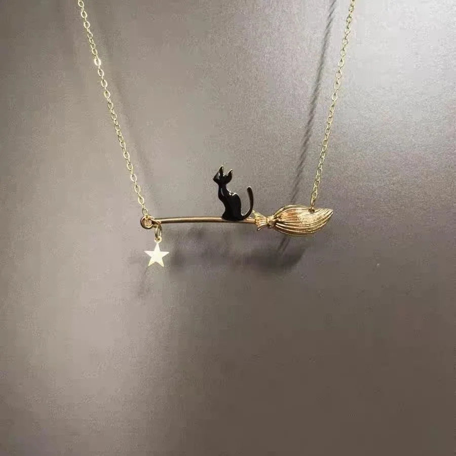 Cat Riding a Broom Choker Necklace