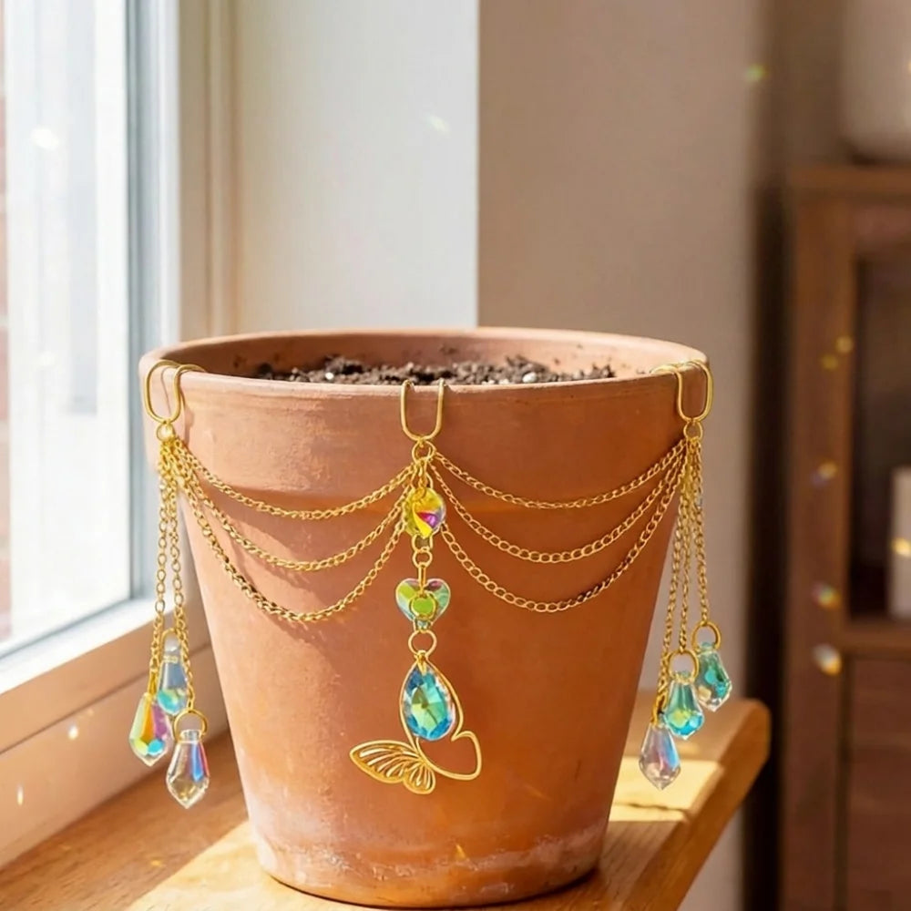 Colorful Flower Pot Crystal Sun Catcher Butterfly Design Reflective Hanging Pot Crystal Exquisite Decorative