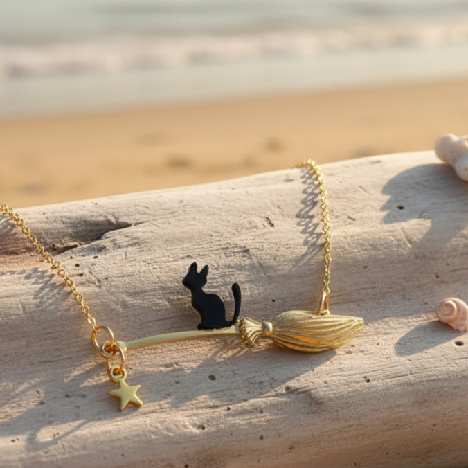 Cat Riding a Broom Choker Necklace