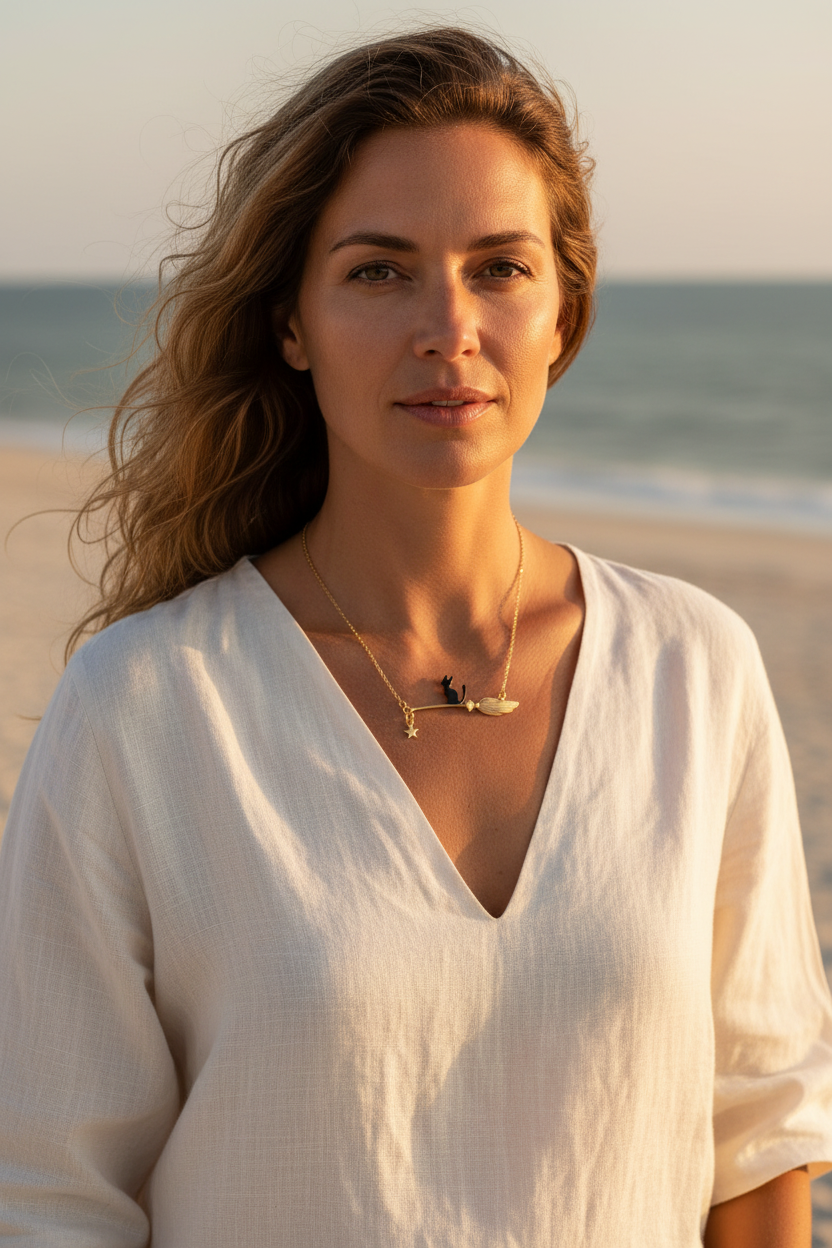 Cat riding a broom choker worn at the beach