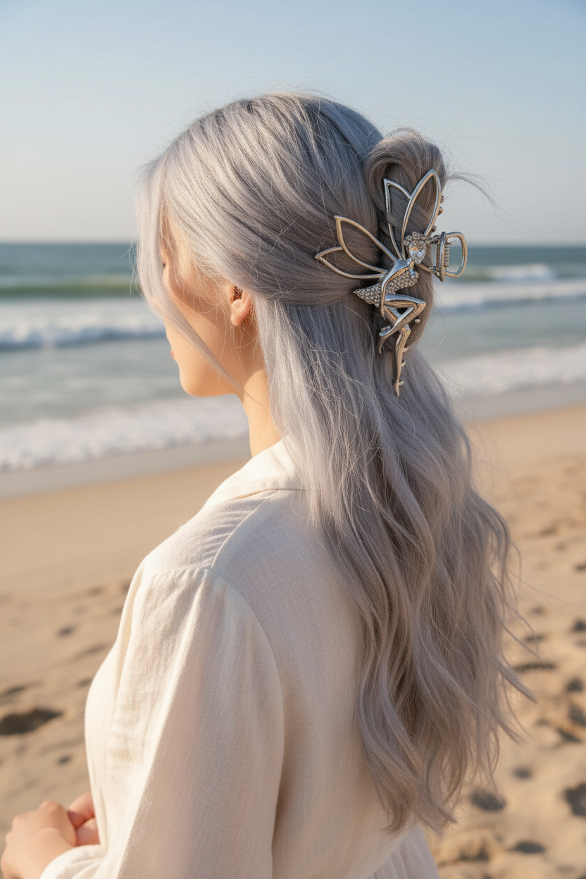 Silver rhinestone angel hair claw clip styled on a model at the beach