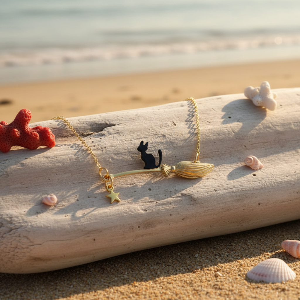 Cat riding a broom choker necklace styled on sea-washed driftwood with shells at the beach