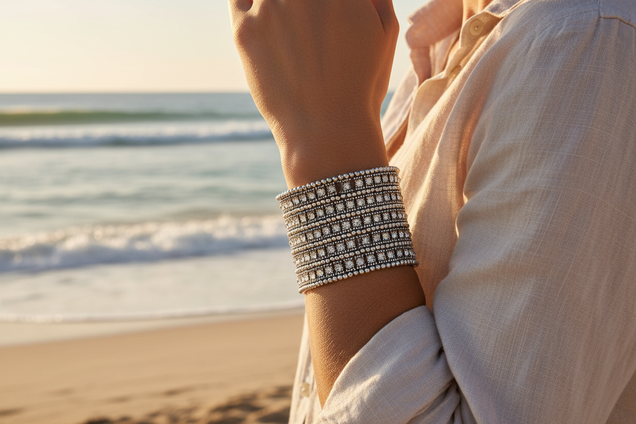 Tideglass Seven-Row Crystal Cuff worn on a wrist at the beach