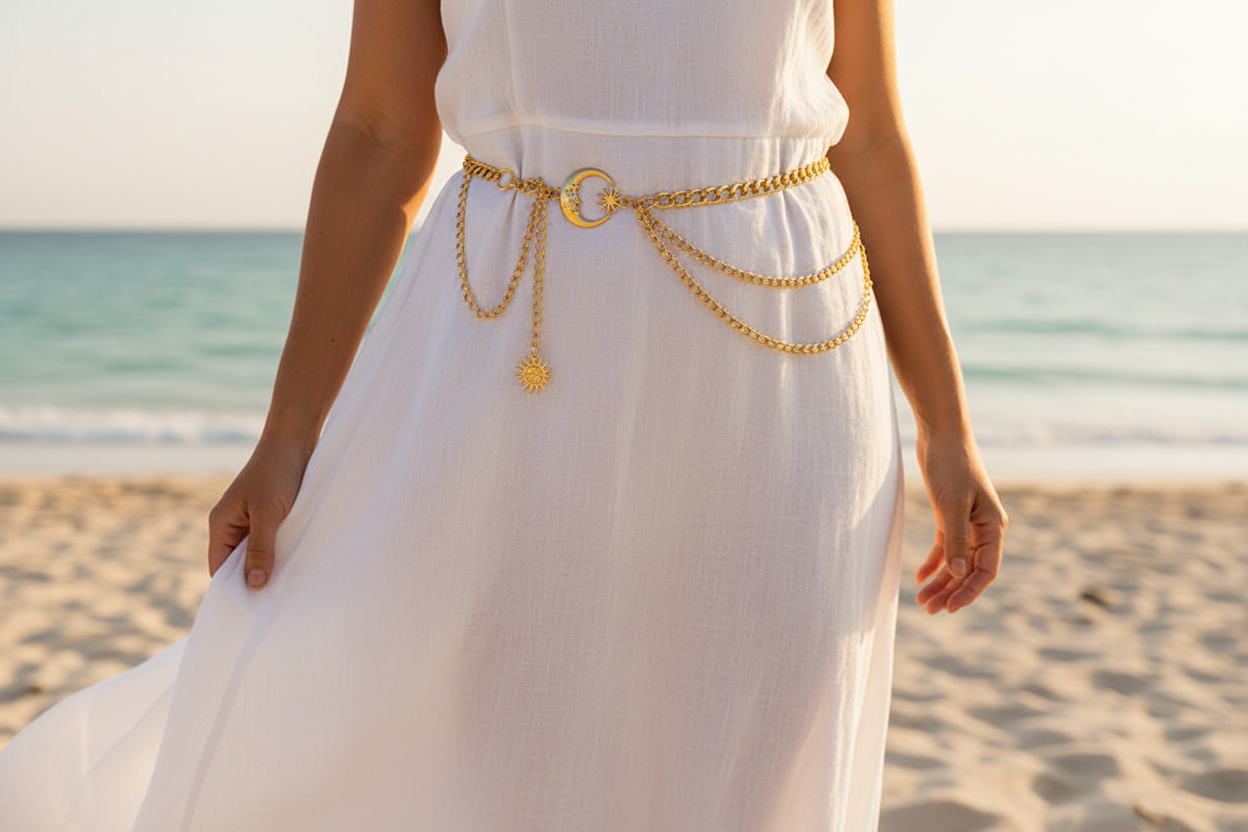 Moonlit Tide Waist Chain worn over a flowing white linen dress on a beach