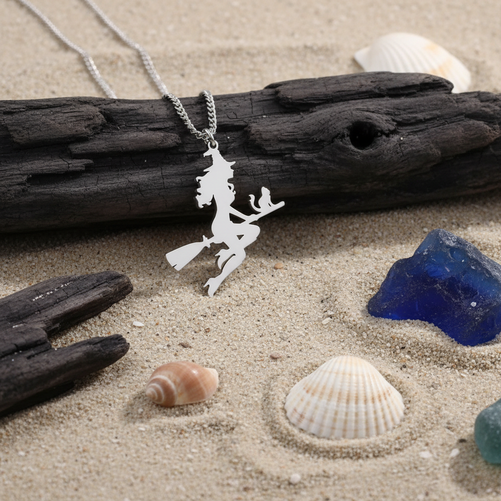 Witch cat broom necklace styled on pale beach sand with driftwood, shells, and deep ocean blue accents