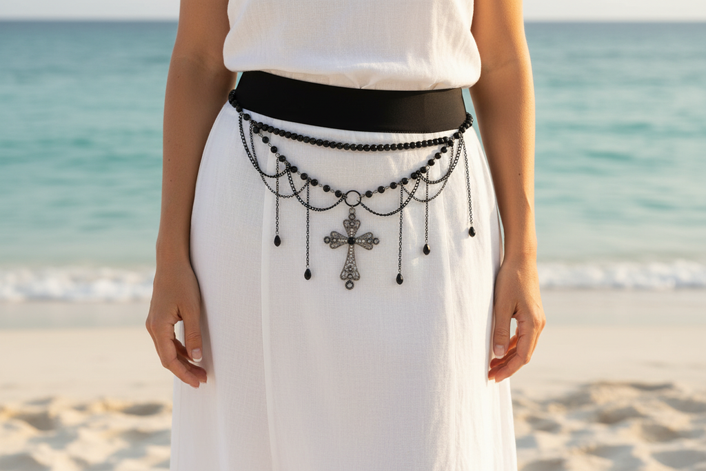 Nocturne Cross Body Chain worn over a white beach outfit by the ocean