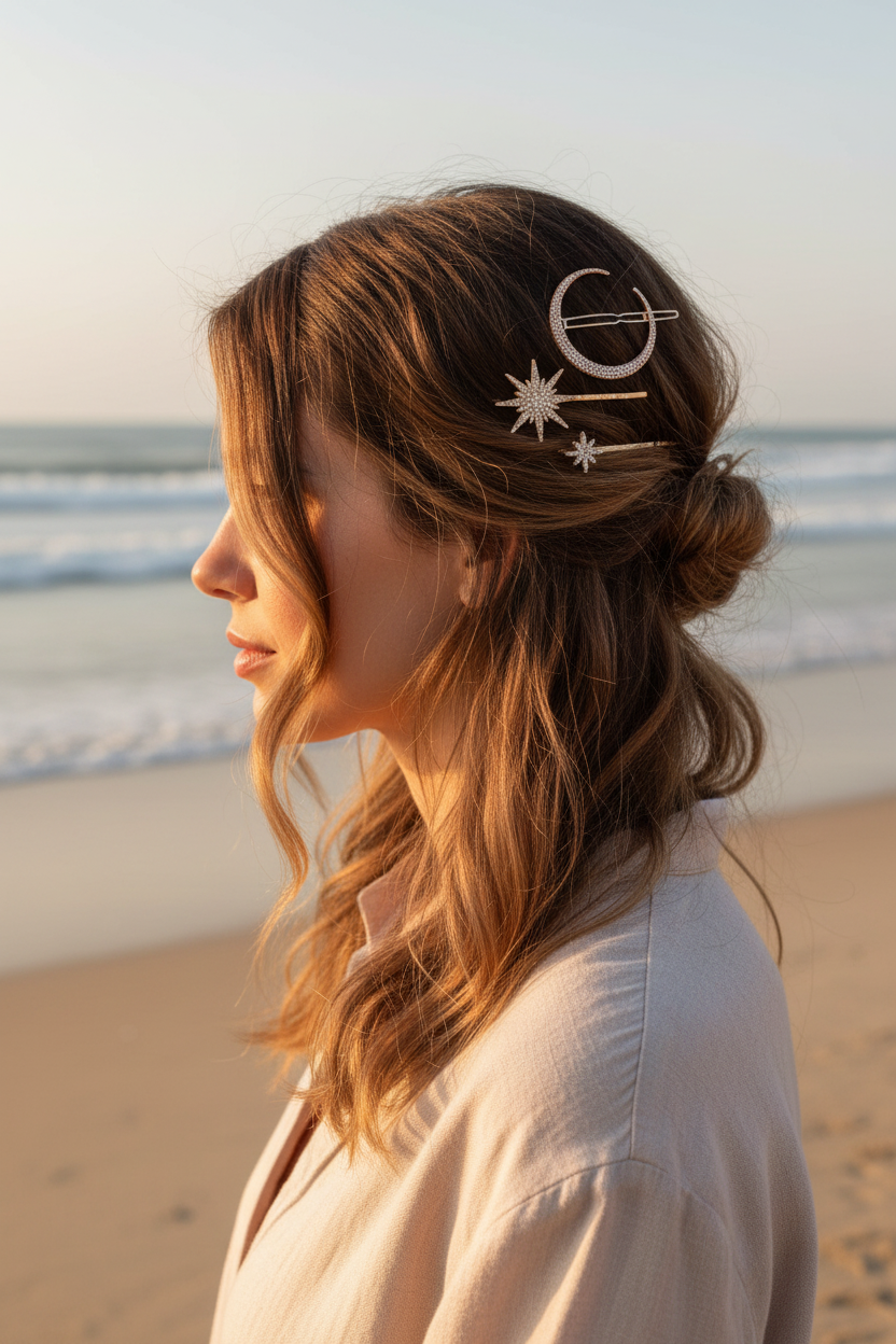 Three-piece celestial moon and star rhinestone hair clip set styled on a model at the beach