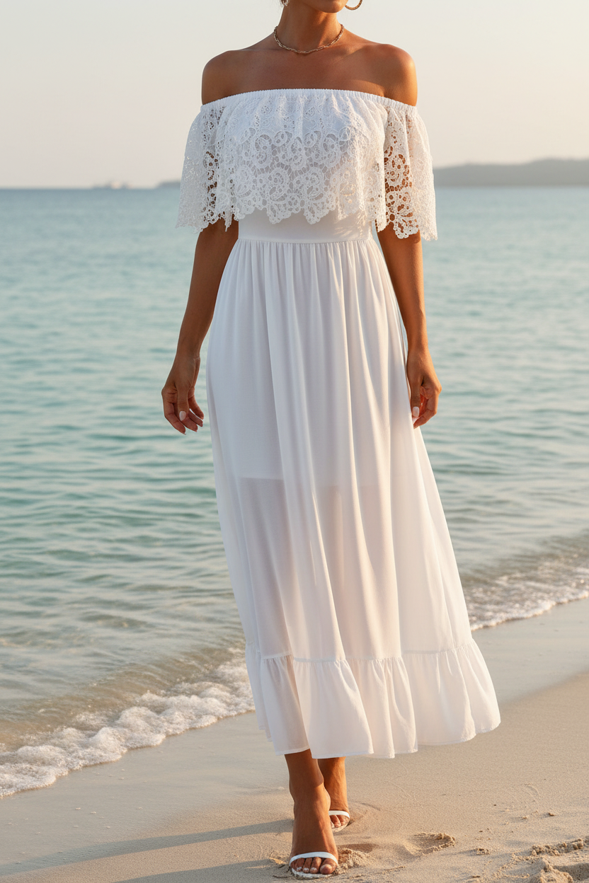 Pearl Shore Off-Shoulder Lace Dress worn by a model beside the ocean