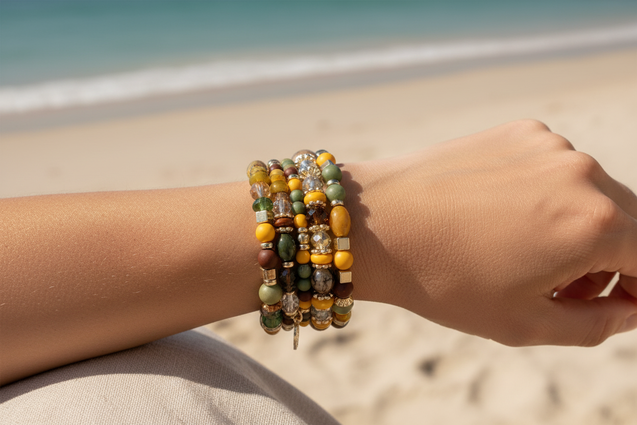 Tide & Talisman Charm Bracelet worn by a model in a sunny coastal setting