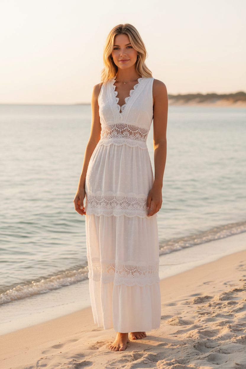 Pearl Tide Lace Maxi Dress worn by a model beside the ocean