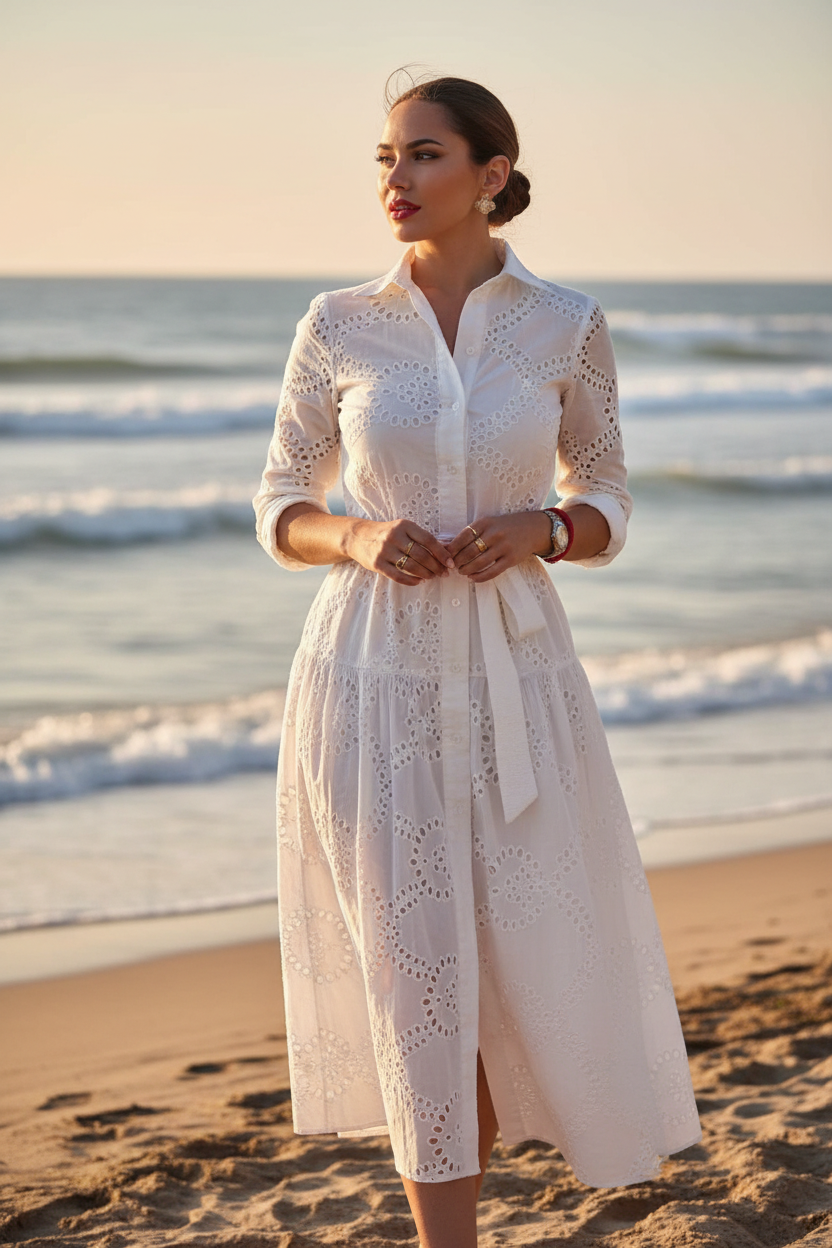 Ivory Tide Embroidered Midi Dress worn on a beach