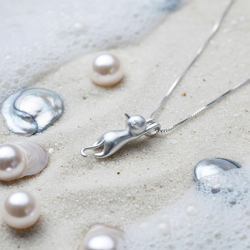 Silver kitty pendant necklace styled on white beach sand with shells and cool sea-blue light