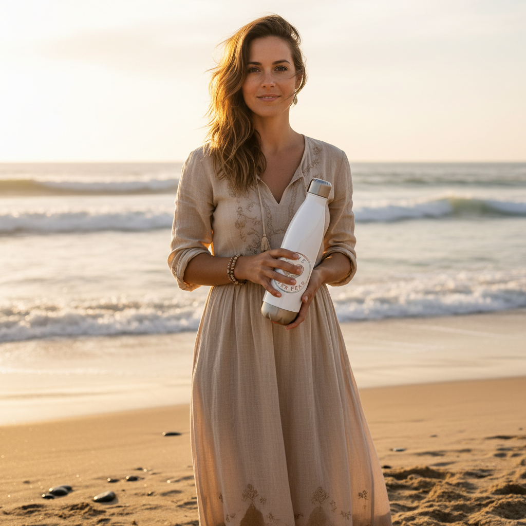 Love Over Fear Water Bottle Held on Beach